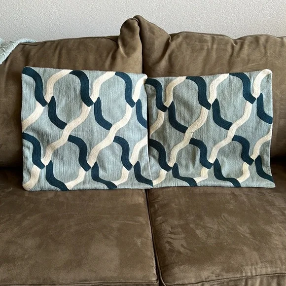 West Elm Ivory Aqua Helix Embroidered Crewel Pillow Covers
